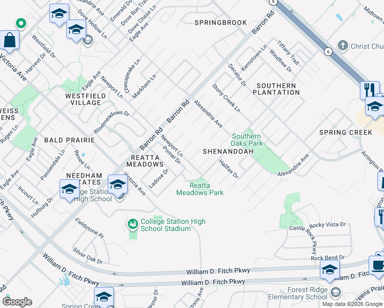 map of restaurants, bars, coffee shops, grocery stores, and more near 1105-1107 Bracey Court in College Station