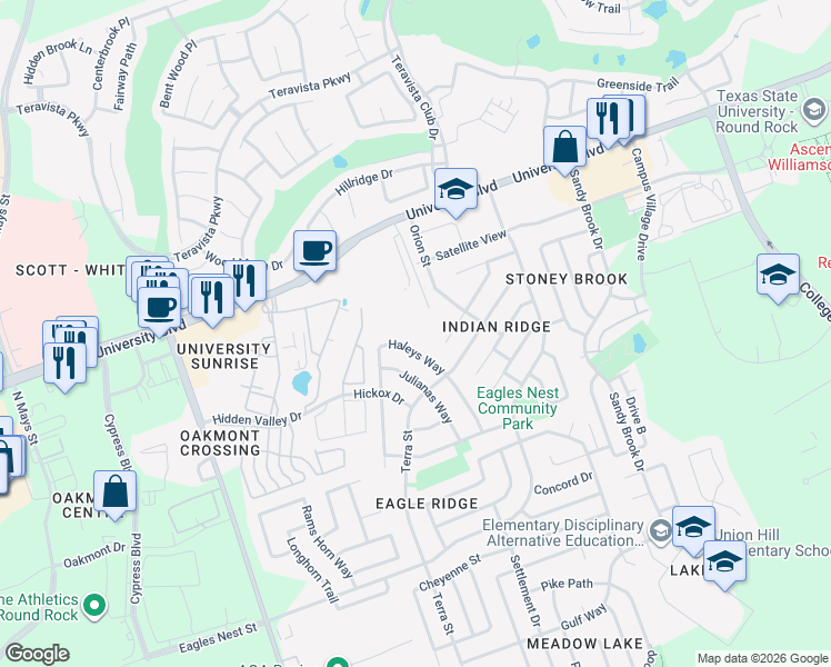 map of restaurants, bars, coffee shops, grocery stores, and more near 725 University Boulevard in Round Rock