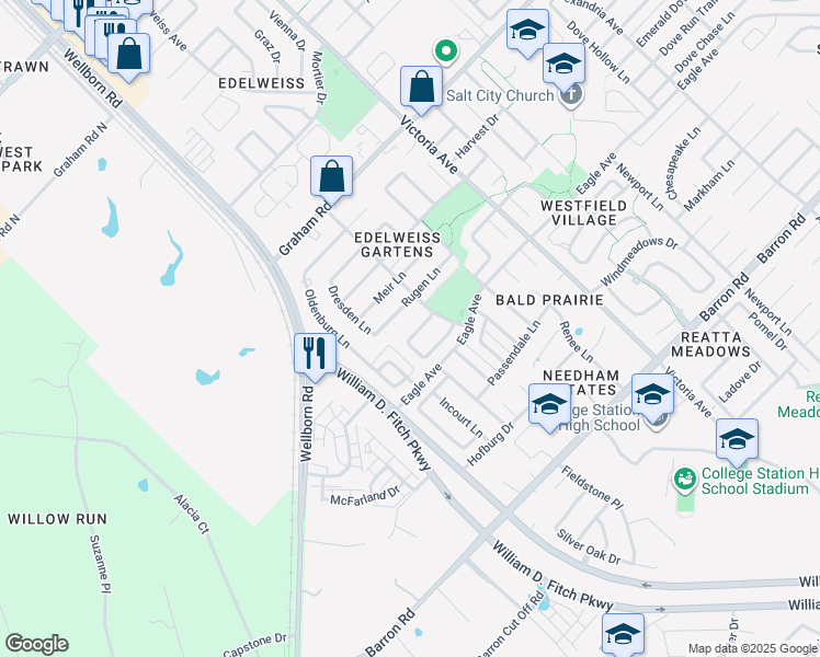 map of restaurants, bars, coffee shops, grocery stores, and more near 110 Walcourt Loop in College Station