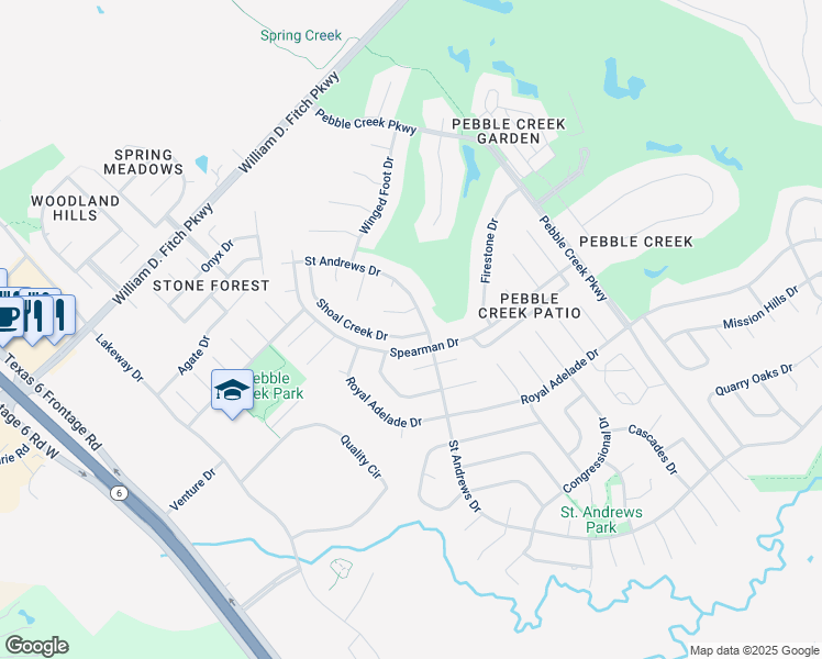 map of restaurants, bars, coffee shops, grocery stores, and more near 4719 Shoal Creek Drive in College Station