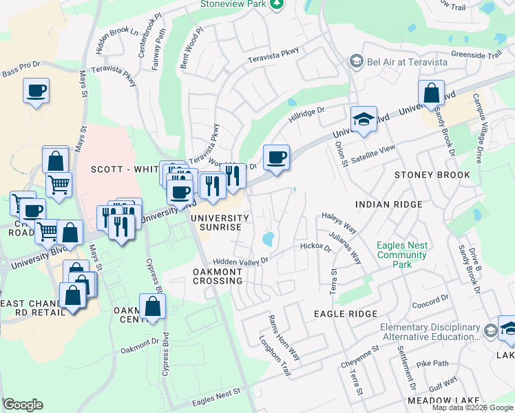 map of restaurants, bars, coffee shops, grocery stores, and more near 601 University Blvd in Round Rock