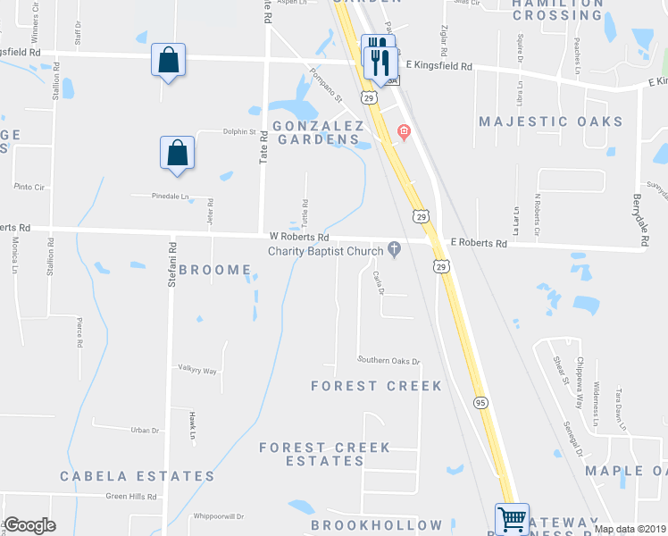 map of restaurants, bars, coffee shops, grocery stores, and more near 2565 Redford Drive in Gonzalez