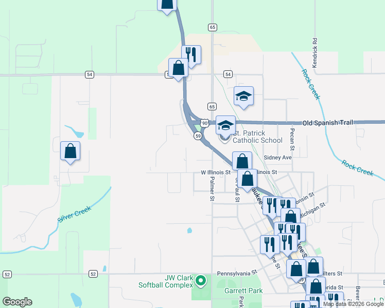 map of restaurants, bars, coffee shops, grocery stores, and more near 17913 West Illinois Street in Robertsdale
