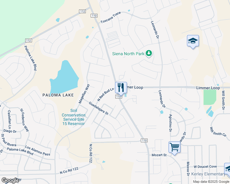 map of restaurants, bars, coffee shops, grocery stores, and more near 7109 County Road 110 in Round Rock
