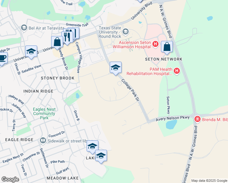 map of restaurants, bars, coffee shops, grocery stores, and more near 4400 College Park Drive in Round Rock