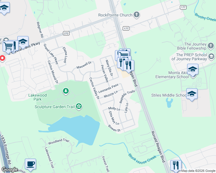 map of restaurants, bars, coffee shops, grocery stores, and more near 2429 Leonards Pass in Leander
