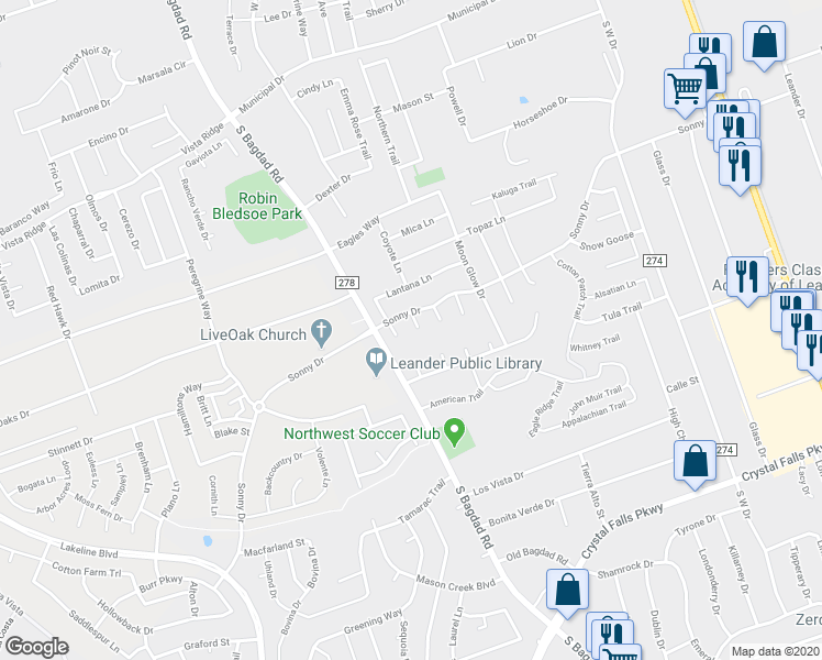 map of restaurants, bars, coffee shops, grocery stores, and more near 1005 Bluebonnet Court in Leander