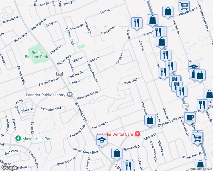 map of restaurants, bars, coffee shops, grocery stores, and more near 715 Honeysuckle Drive in Leander