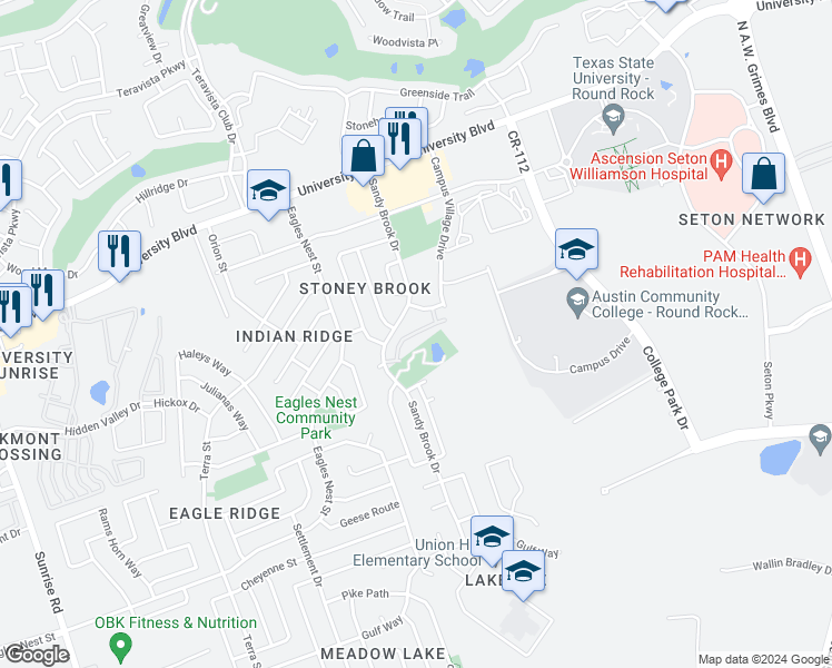 map of restaurants, bars, coffee shops, grocery stores, and more near 1001 Zodiac Lane in Round Rock