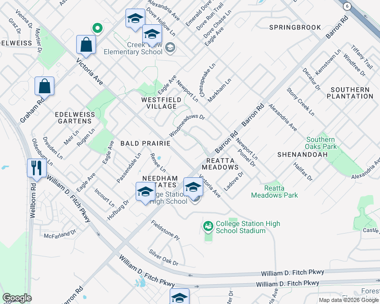map of restaurants, bars, coffee shops, grocery stores, and more near 3908 Springmist Drive in College Station