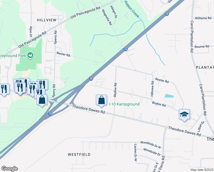 map of restaurants, bars, coffee shops, grocery stores, and more near 6570 Boykin Road in Theodore