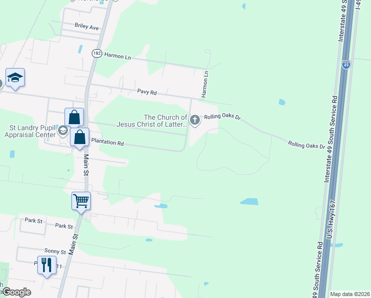 map of restaurants, bars, coffee shops, grocery stores, and more near 400 Plantation Road in Opelousas