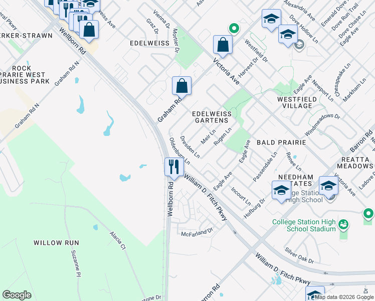 map of restaurants, bars, coffee shops, grocery stores, and more near 3806 Dresden Lane in College Station
