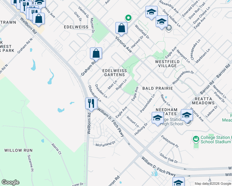 map of restaurants, bars, coffee shops, grocery stores, and more near 121 Rugen Lane in College Station