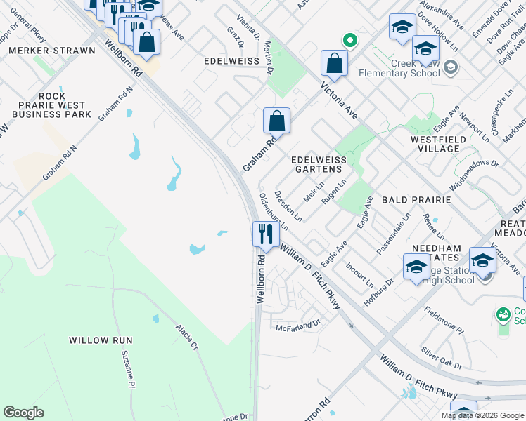 map of restaurants, bars, coffee shops, grocery stores, and more near 3756 Oldenburg Lane in College Station
