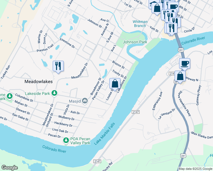 map of restaurants, bars, coffee shops, grocery stores, and more near 1001 Pecan Valley Drive in Marble Falls