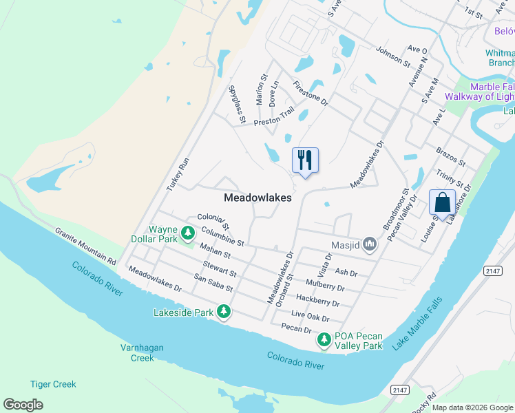 map of restaurants, bars, coffee shops, grocery stores, and more near in Meadowlakes