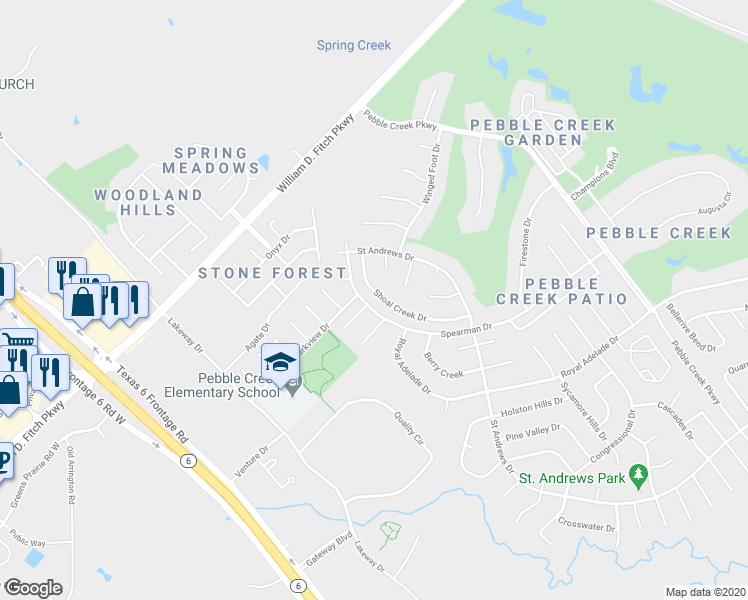 map of restaurants, bars, coffee shops, grocery stores, and more near 4614 Shoal Creek Drive in College Station