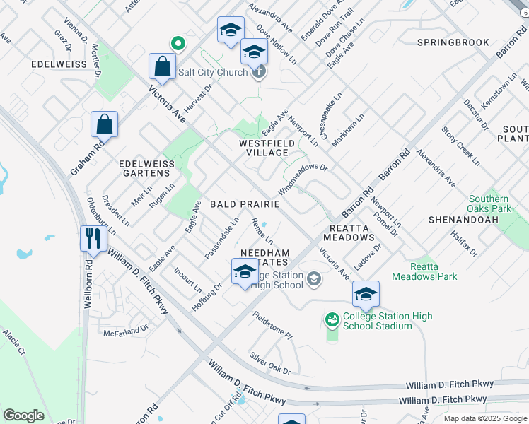 map of restaurants, bars, coffee shops, grocery stores, and more near 14015 Renee Lane in College Station