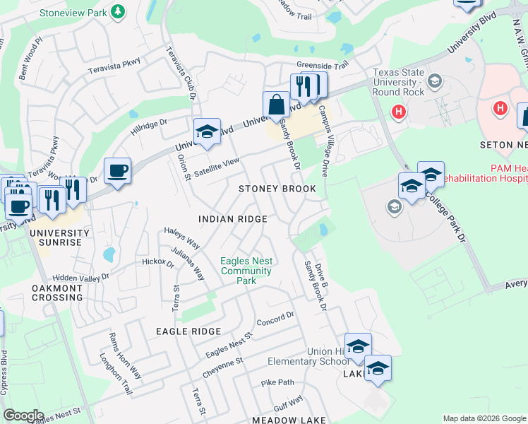 map of restaurants, bars, coffee shops, grocery stores, and more near 3928 Eagles Nest Street in Round Rock