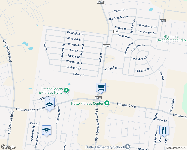 map of restaurants, bars, coffee shops, grocery stores, and more near 108 Sylvan Street in Hutto