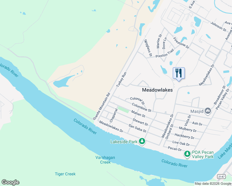 map of restaurants, bars, coffee shops, grocery stores, and more near 184 Turkey Run in Meadowlakes