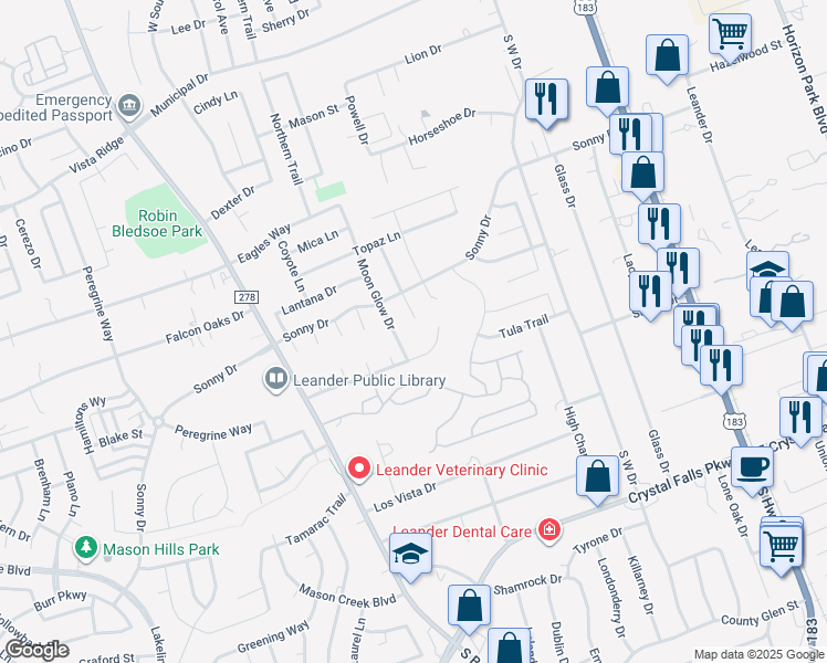 map of restaurants, bars, coffee shops, grocery stores, and more near 1017 Woodduck Trail in Leander