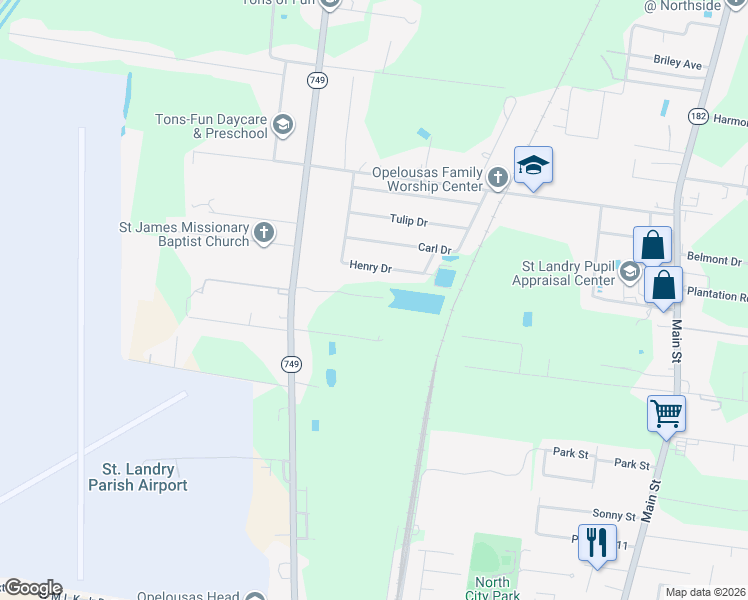 map of restaurants, bars, coffee shops, grocery stores, and more near 8517 Highway 182 in Opelousas