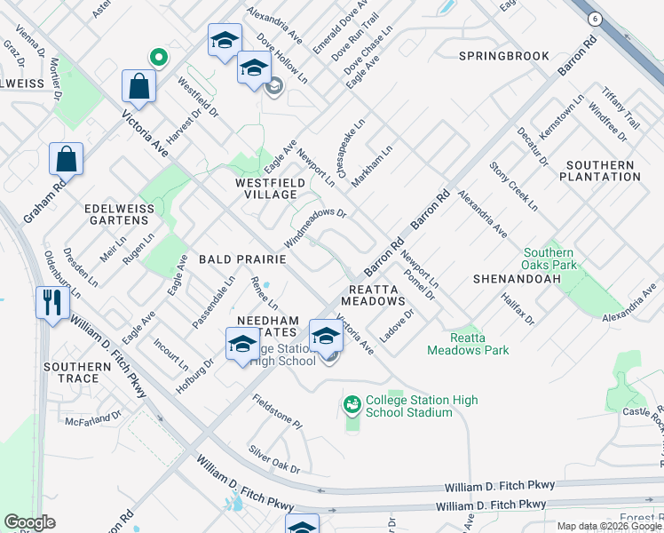 map of restaurants, bars, coffee shops, grocery stores, and more near 3927 Springmist Drive in College Station