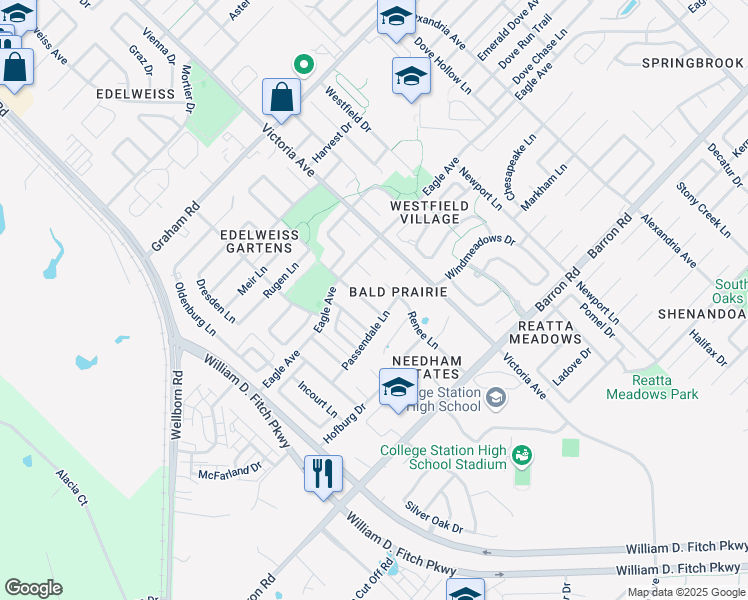 map of restaurants, bars, coffee shops, grocery stores, and more near 3910 Santour Court in College Station