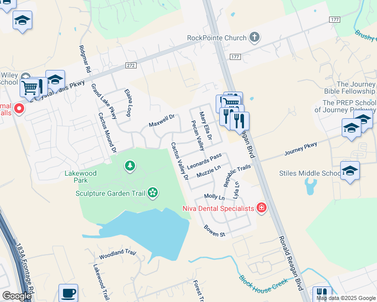 map of restaurants, bars, coffee shops, grocery stores, and more near 2401 Ericanna Lane in Leander