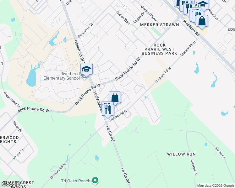 map of restaurants, bars, coffee shops, grocery stores, and more near 218-238 Ridgeway Drive in College Station