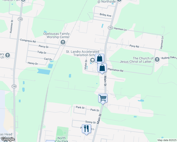 map of restaurants, bars, coffee shops, grocery stores, and more near 152 Violet Drive in Opelousas