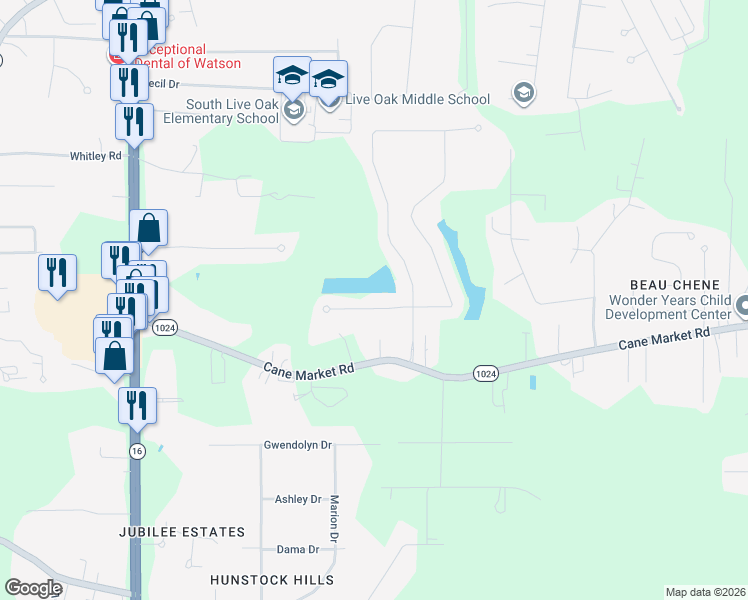 map of restaurants, bars, coffee shops, grocery stores, and more near 8685 Sandpiper Street in Denham Springs