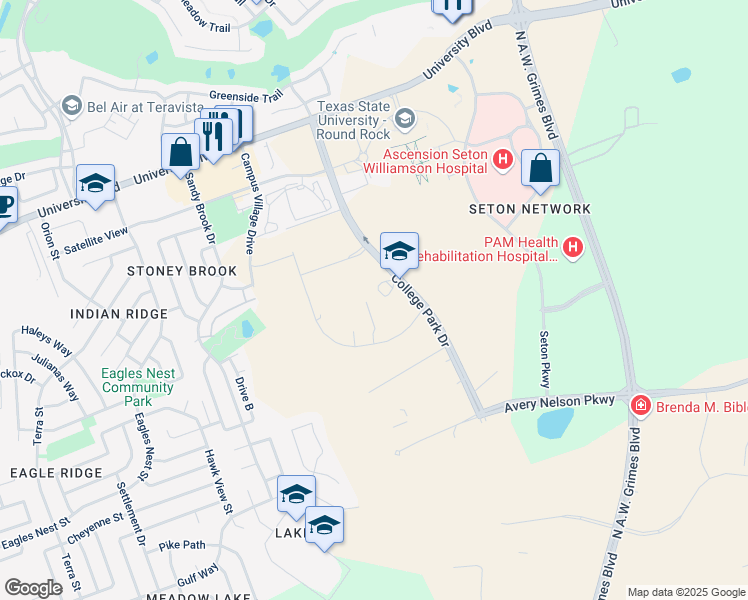 map of restaurants, bars, coffee shops, grocery stores, and more near 4400 College Park Drive in Round Rock