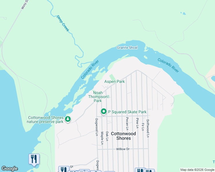 map of restaurants, bars, coffee shops, grocery stores, and more near 4113 Lakeview Drive in Cottonwood Shores