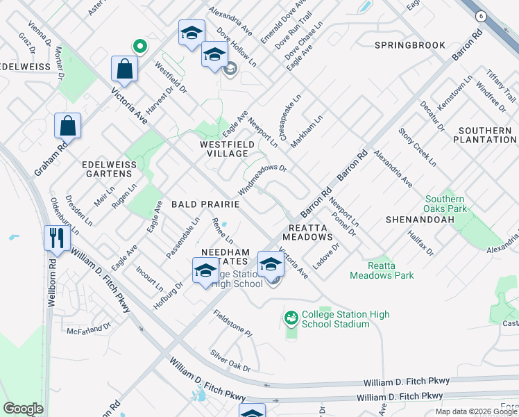 map of restaurants, bars, coffee shops, grocery stores, and more near 3915 Tranquil Path Drive in College Station
