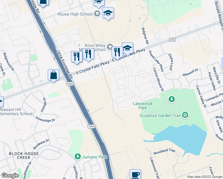 map of restaurants, bars, coffee shops, grocery stores, and more near 10810 East Crystal Falls Parkway in Leander