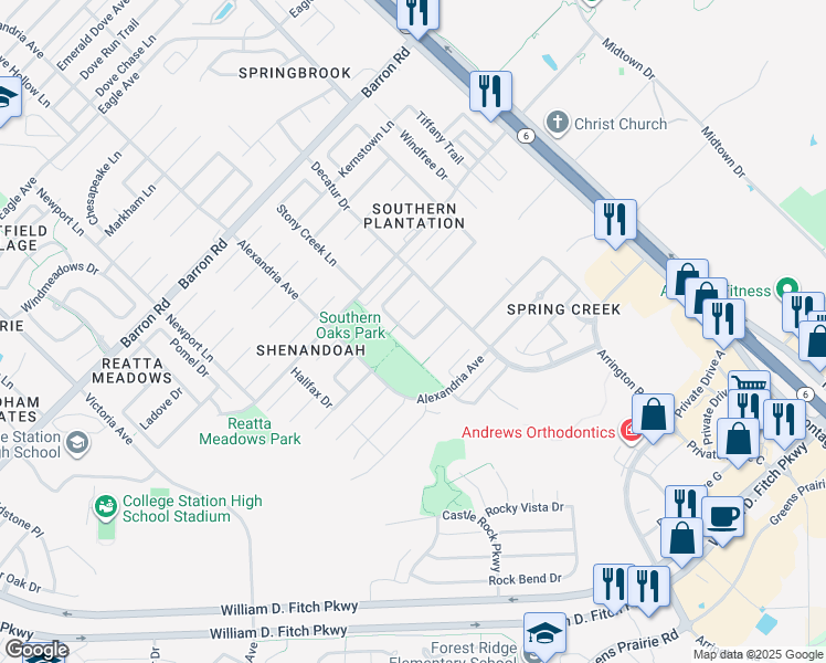 map of restaurants, bars, coffee shops, grocery stores, and more near 1443 Fincastle Loop in College Station