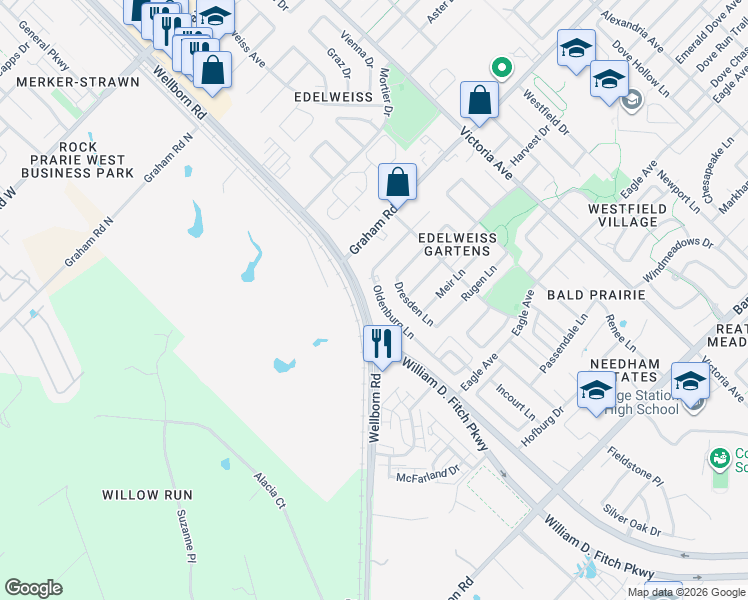 map of restaurants, bars, coffee shops, grocery stores, and more near 3756 Oldenburg Lane in College Station