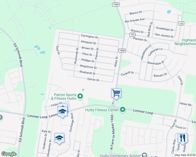 map of restaurants, bars, coffee shops, grocery stores, and more near 126 Sylvan Street in Hutto