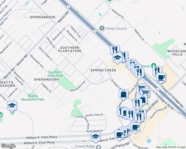 map of restaurants, bars, coffee shops, grocery stores, and more near 4312 Spring Garden Drive in College Station