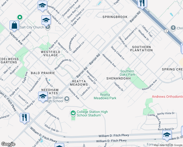 map of restaurants, bars, coffee shops, grocery stores, and more near 4003 Pomel Drive in College Station