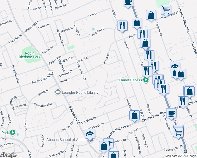 map of restaurants, bars, coffee shops, grocery stores, and more near 702 Honeysuckle Drive in Leander