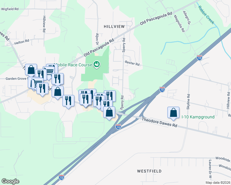 map of restaurants, bars, coffee shops, grocery stores, and more near 6178 Sperry Road in Theodore