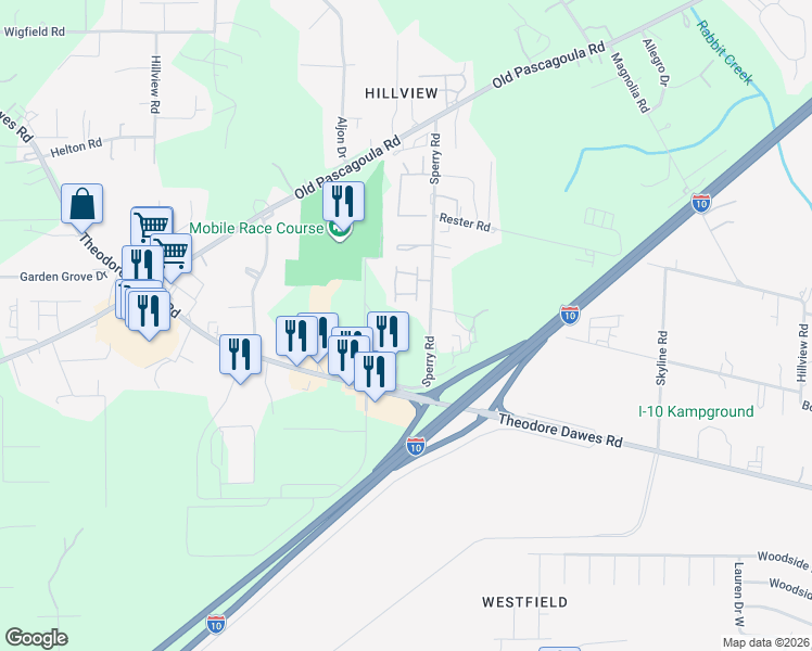 map of restaurants, bars, coffee shops, grocery stores, and more near 6178 Sperry Road in Theodore