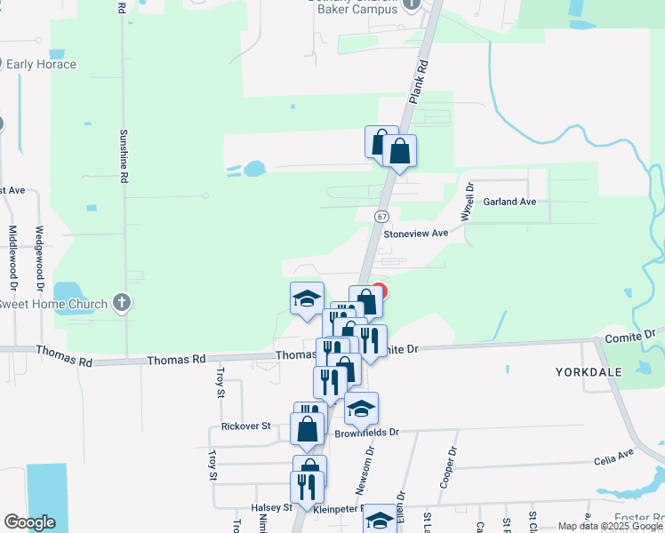 map of restaurants, bars, coffee shops, grocery stores, and more near 12753 Plank Road in Baker