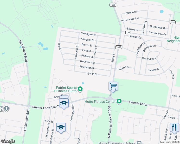 map of restaurants, bars, coffee shops, grocery stores, and more near 202 Sylvan Street in Hutto