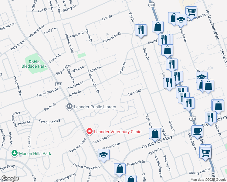 map of restaurants, bars, coffee shops, grocery stores, and more near 702 Honeysuckle Drive in Leander