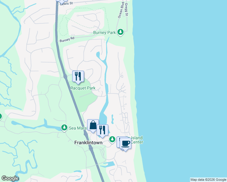map of restaurants, bars, coffee shops, grocery stores, and more near 2 Ocean Club Dr in Fernandina Beach